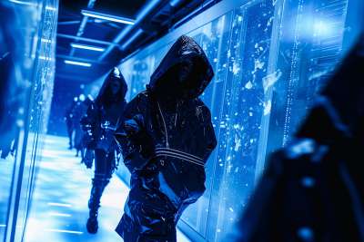 AI-generated fashion runway set in a futuristic data center, featuring hooded models in Gorpcore silhouettes walking through a cold, hyper-digital environment.