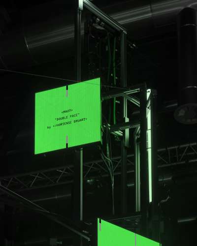 Scenography and digital screen installation for HEAD Genève Fashion Show 2022, displaying typography within a hybrid physical and virtual environment.