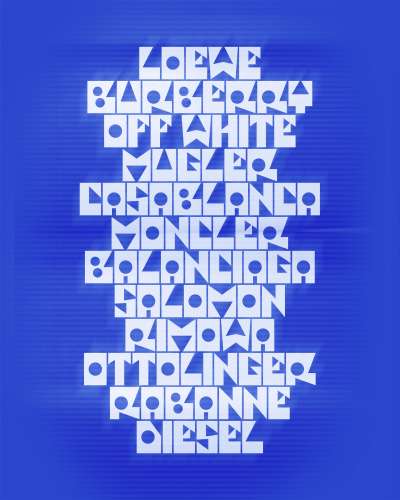 Rumo modular display typeface by Office Monnet shown through geometric lettering spelling brand names in a typographic specimen layout.