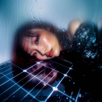 Portrait of a woman reflected on a solar panel surface, exploring themes of energy, technology, and the illusion of sustainable renewal.